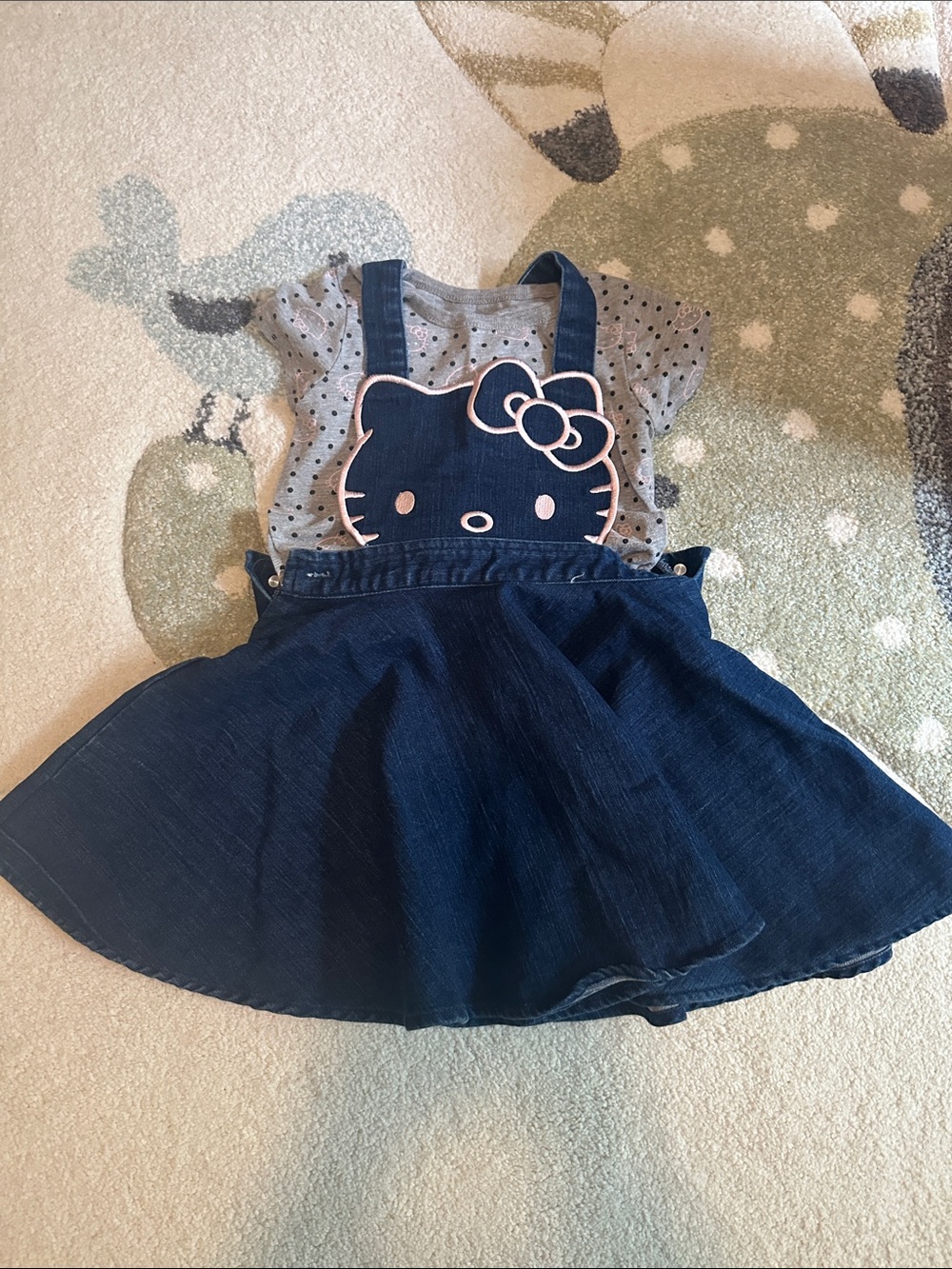 Hello Kitty Navy Denim Skirt Pinafore with Gray Polka Dot Tee